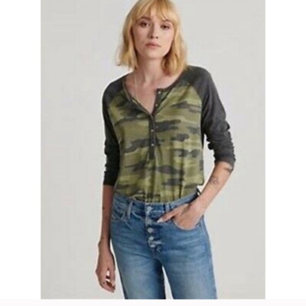 NWOT LUCKY BRAND raglan button front camouflage camo soft shirt Size XS